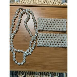 Vntg Lot Faux 2‎ Pearl Lattice Stretch Bracelets Wide + Strand Knotted Necklace